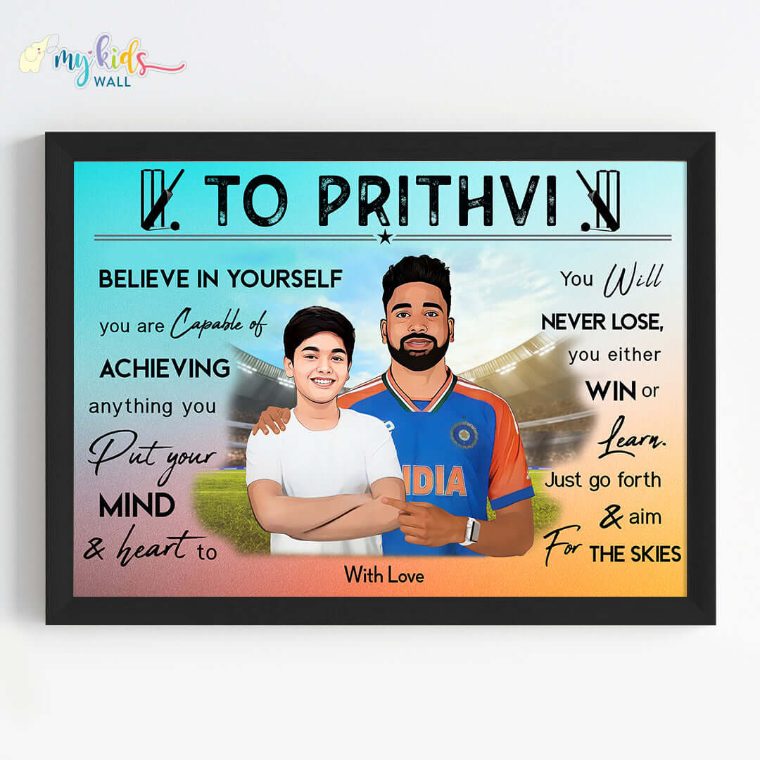 Cricket Champ with Mohammed Siraj Personalized Motivational Portrait (Framed)