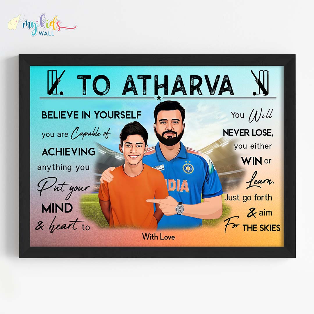 Cricket Champ with Rohit Sharma Personalized Motivational Portrait (Framed)