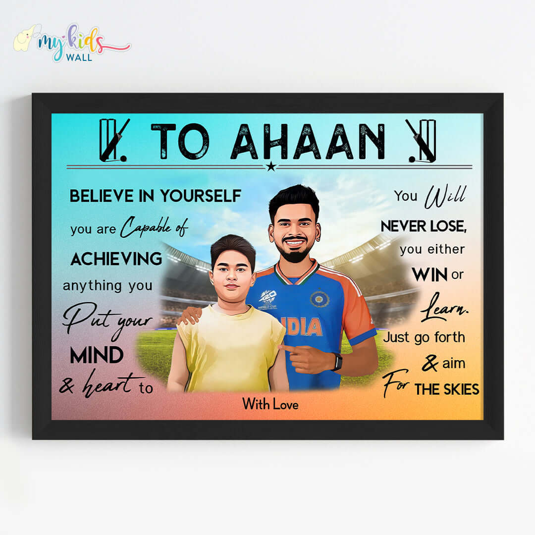 Cricket Champ with Shreyas Iyer Personalized Motivational Portrait (Framed)
