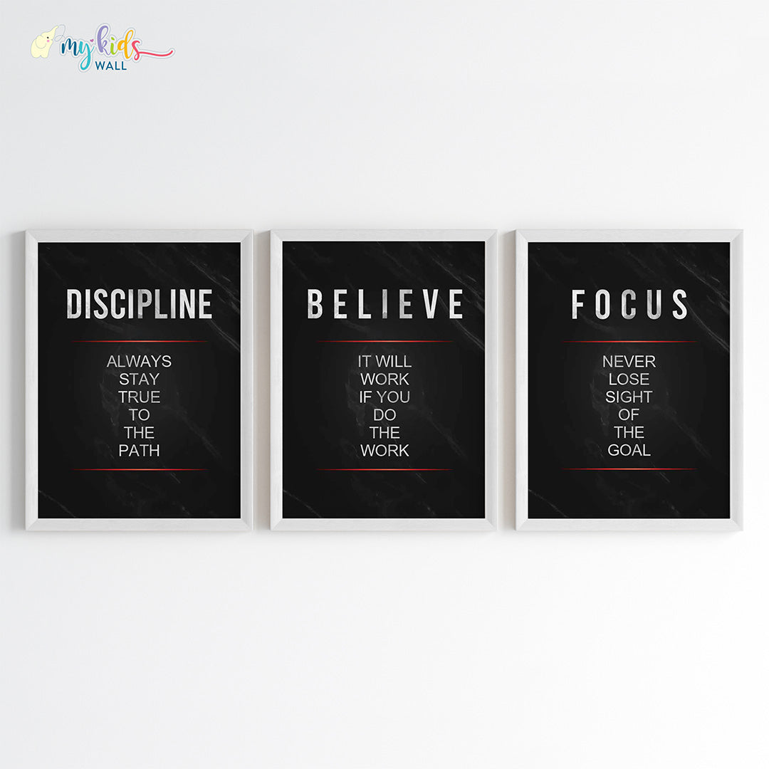Discipline, Believe & Focus Motivational Wall Art (Framed Set of 3)