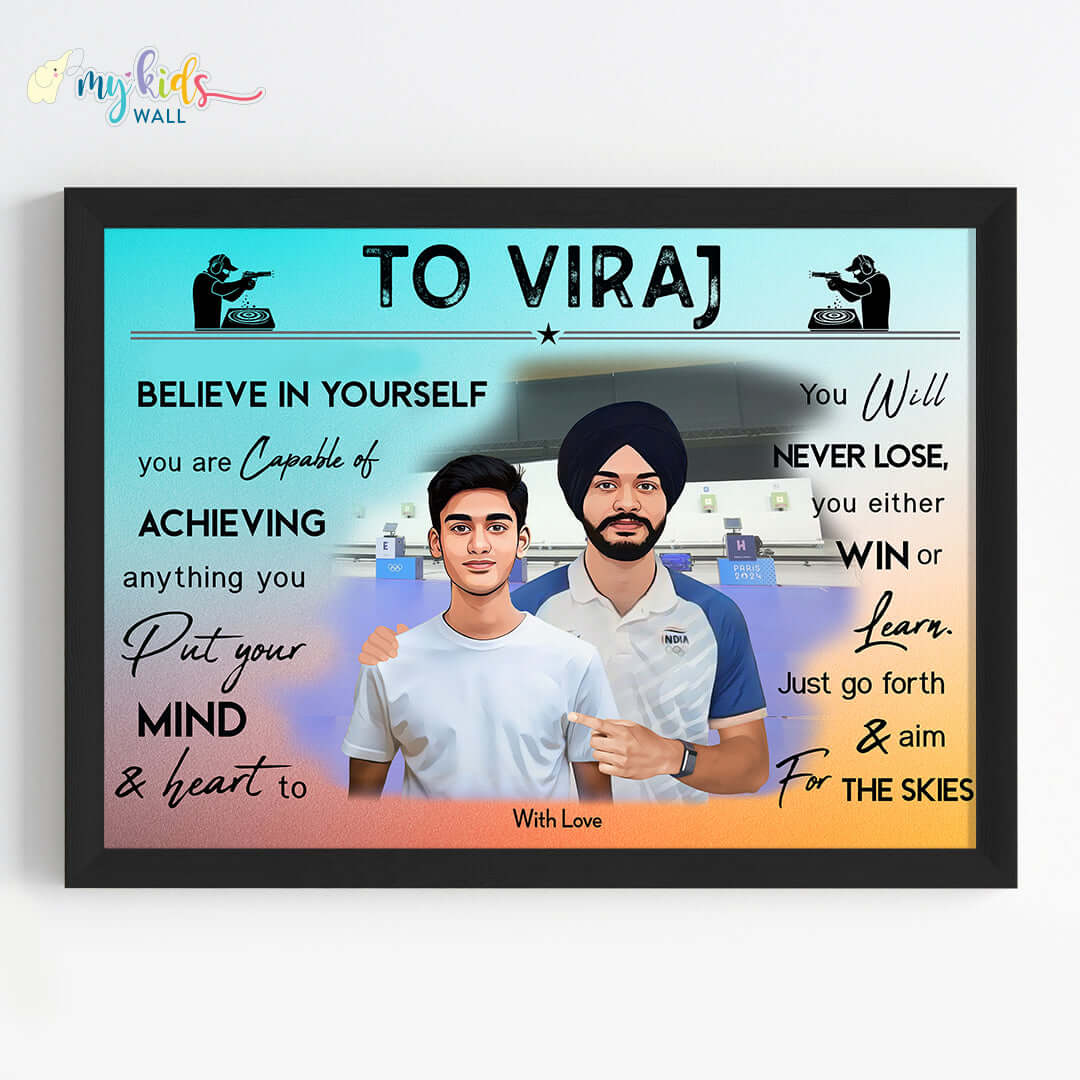 Shooting Champ with Sarabjot Singh Personalized Motivational Portrait (Framed)
