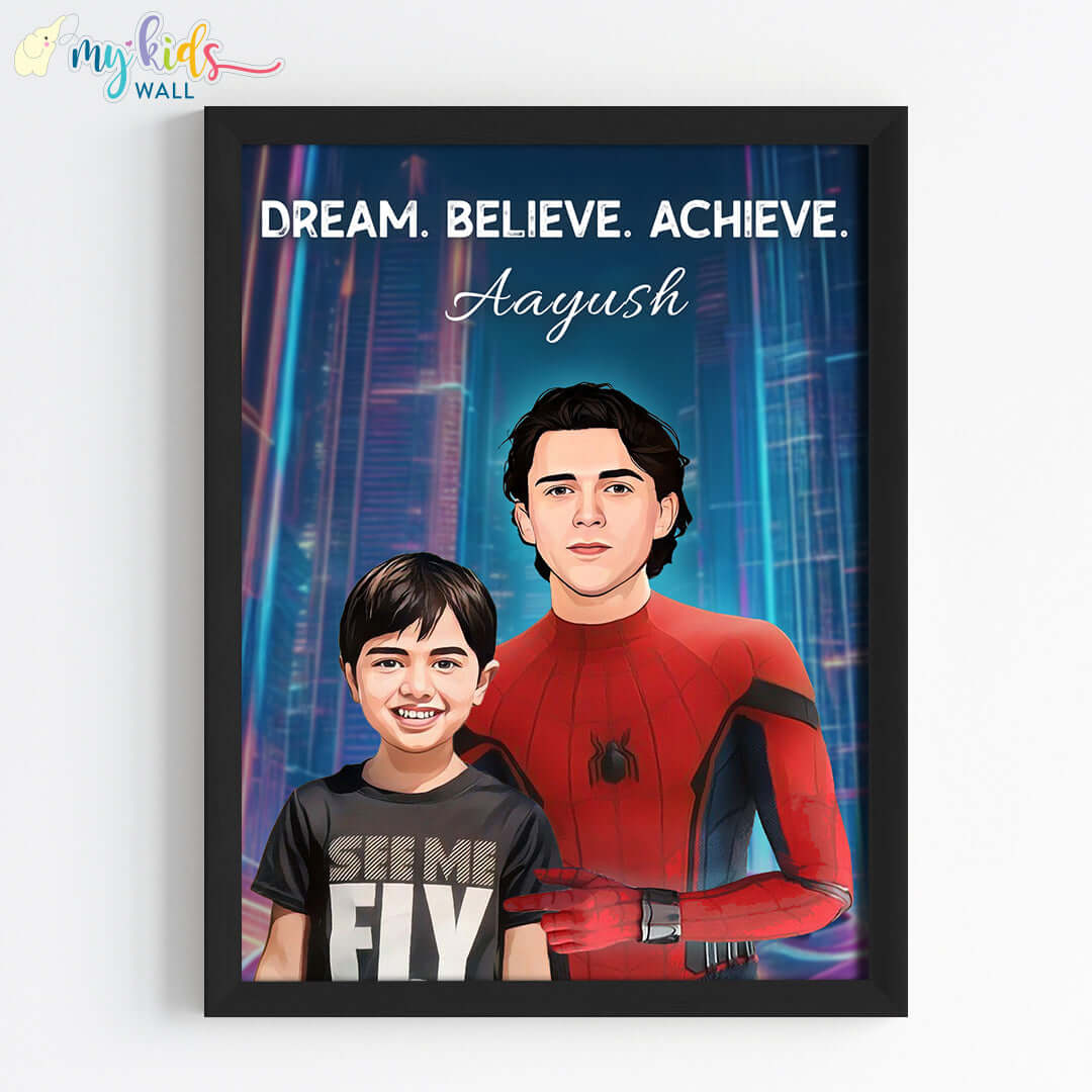Young Superhero with Spiderman Personalized Portrait (Framed)