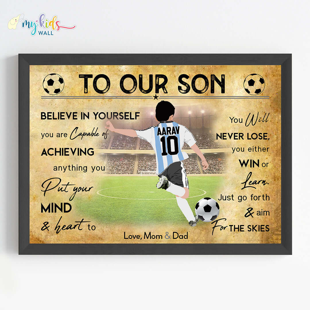 Football Player Boy Free Kick Personalized Motivational Wall Art (Framed)