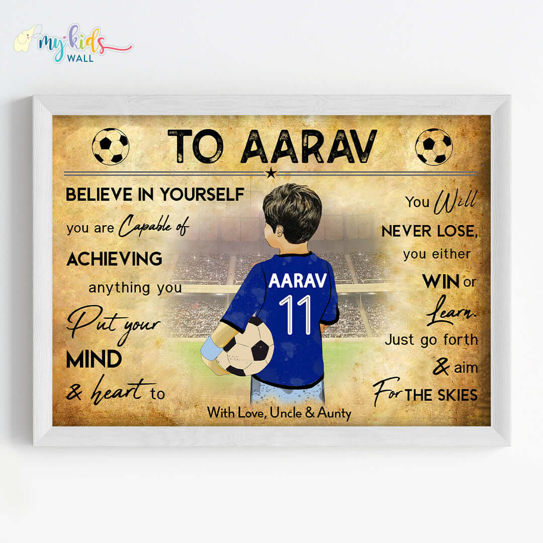 Football Player Boy Personalized Motivational Wall Art (Framed)