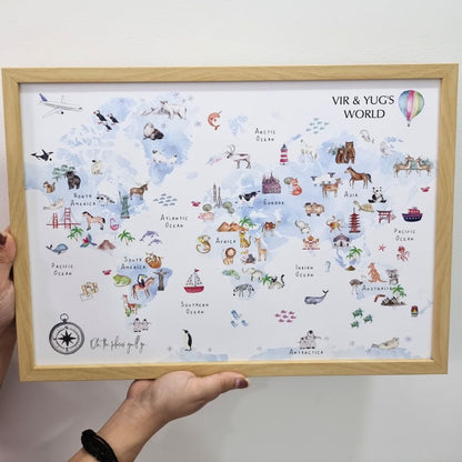 Fun & Learn Blue Animals World Map (Framed)
