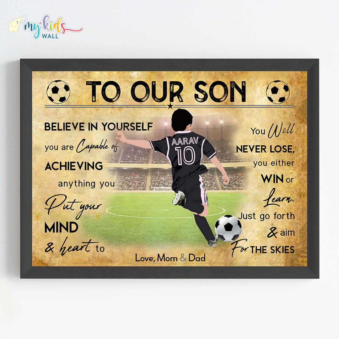 Football Player Boy Free Kick Personalized Motivational Wall Art (Framed)