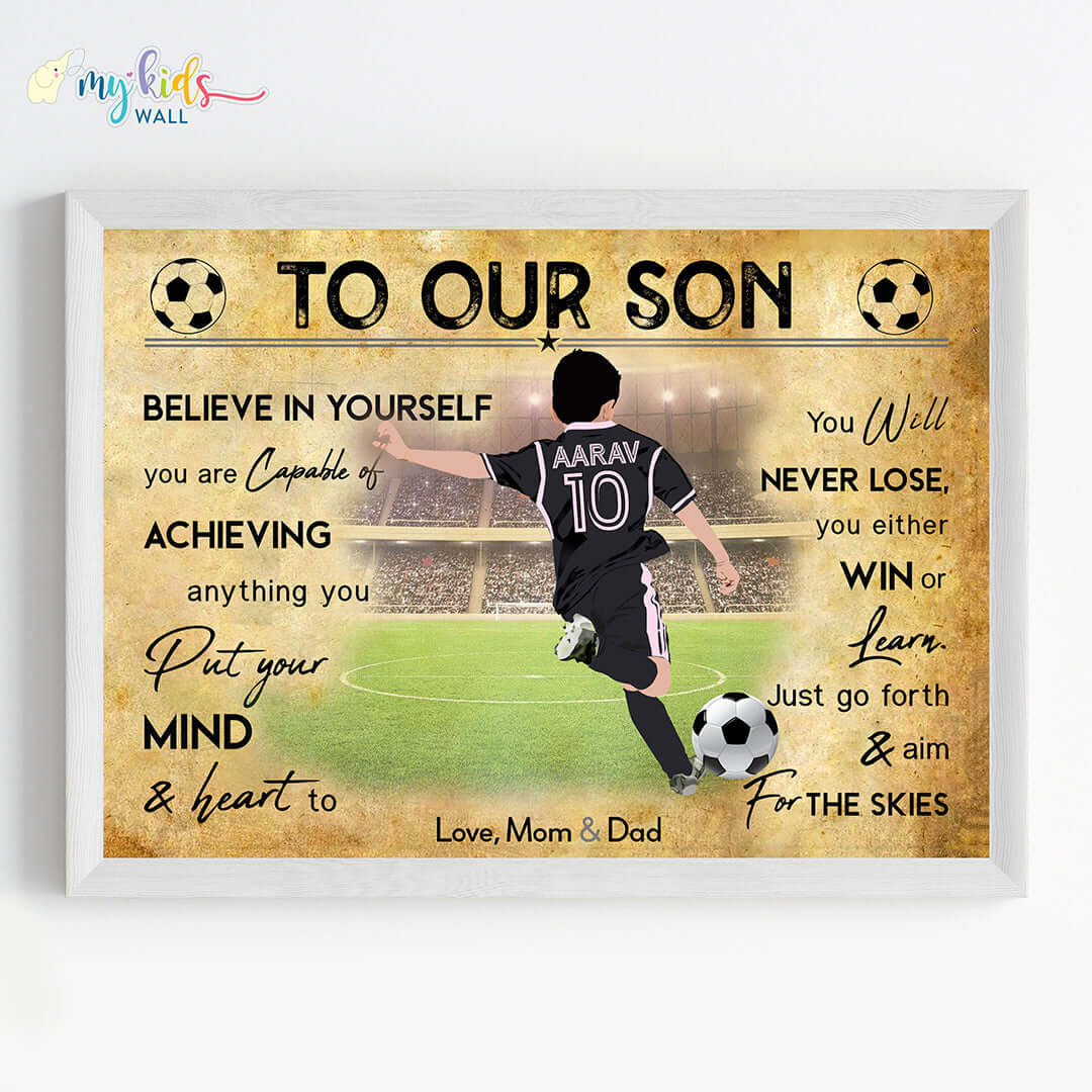 Football Player Boy Free Kick Personalized Motivational Wall Art (Framed)