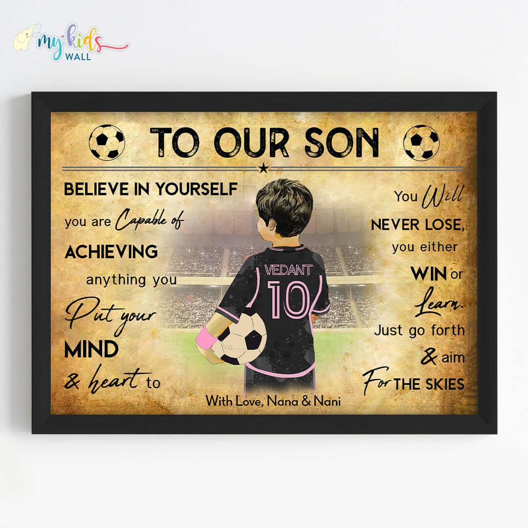 Football Player Boy Personalized Motivational Wall Art (Framed)