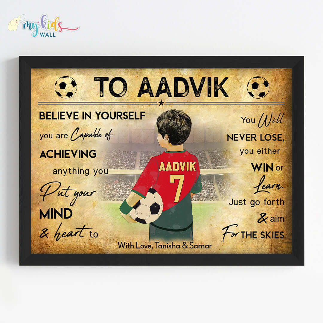 Football Player Boy Personalized Motivational Wall Art (Framed)