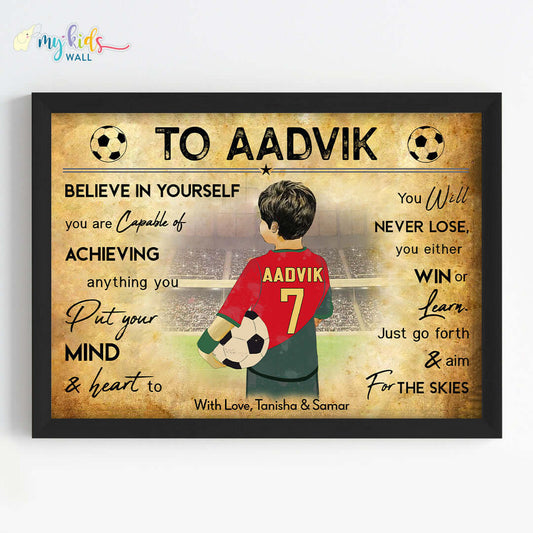 Football Player Boy Personalized Motivational Wall Art (Framed)