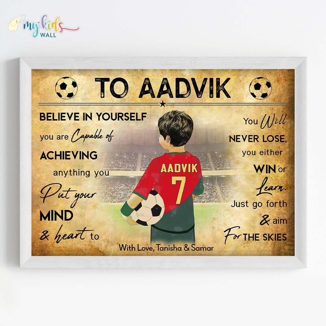 Football Player Boy Personalized Motivational Wall Art (Framed)