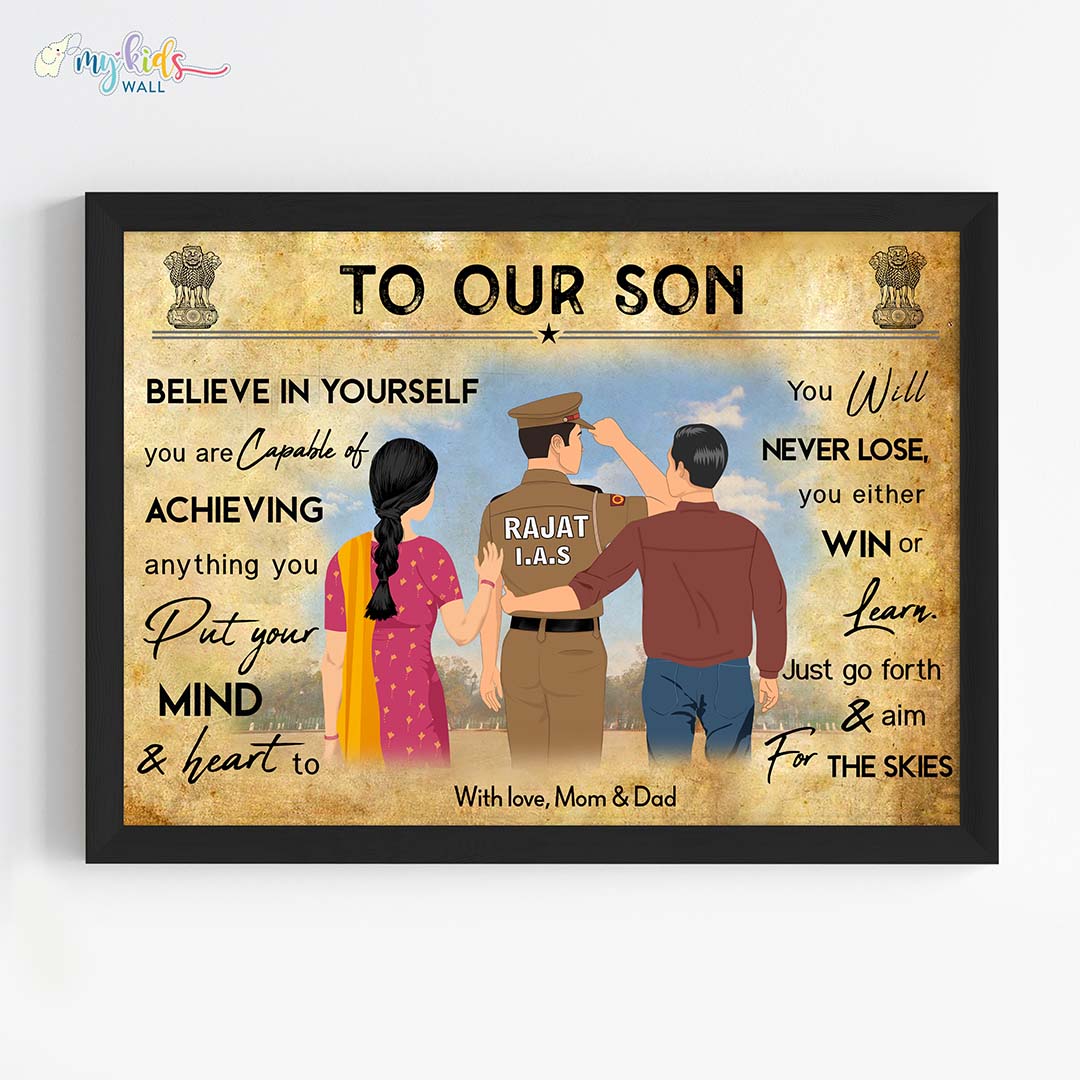 Aspiring IAS Officer Boy with Parents Personalized Motivational Wall Art (Framed)
