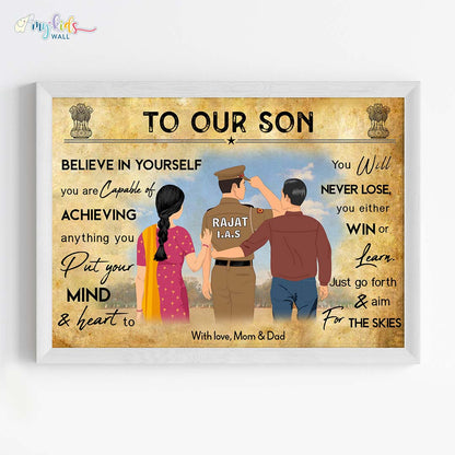 Aspiring IAS Officer Boy with Parents Personalized Motivational Wall Art (Framed)