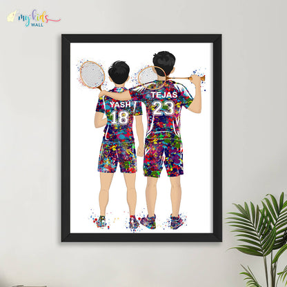 Badminton Player Brothers Personalized Wall Art (Framed)