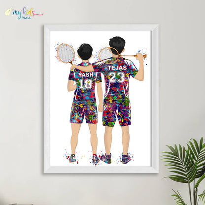 Badminton Player Brothers Personalized Wall Art (Framed)