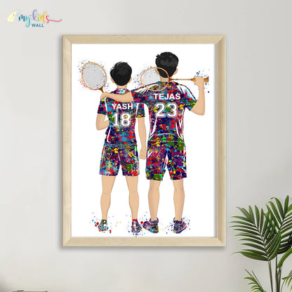 Badminton Player Brothers Personalized Wall Art (Framed)