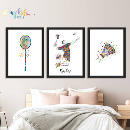 Badminton Player Boy Personalized Wall Art (Framed Set of 3)