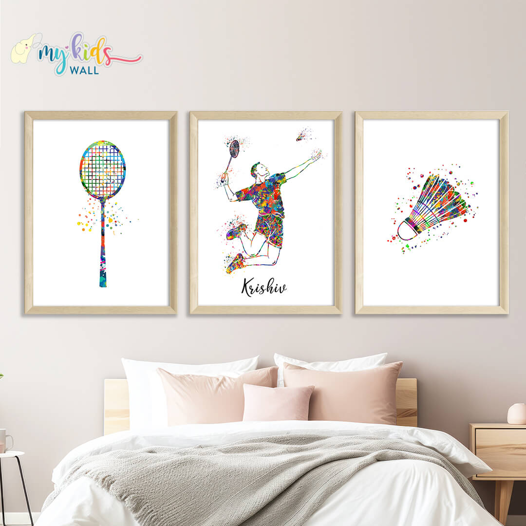 Badminton Player Boy Personalized Wall Art (Framed Set of 3)