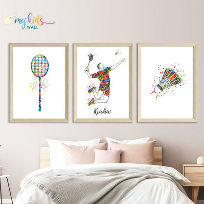 Badminton Player Boy Personalized Wall Art (Framed Set of 3)