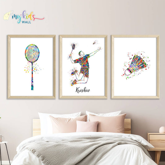 Badminton Player Boy Personalized Wall Art (Framed Set of 3)