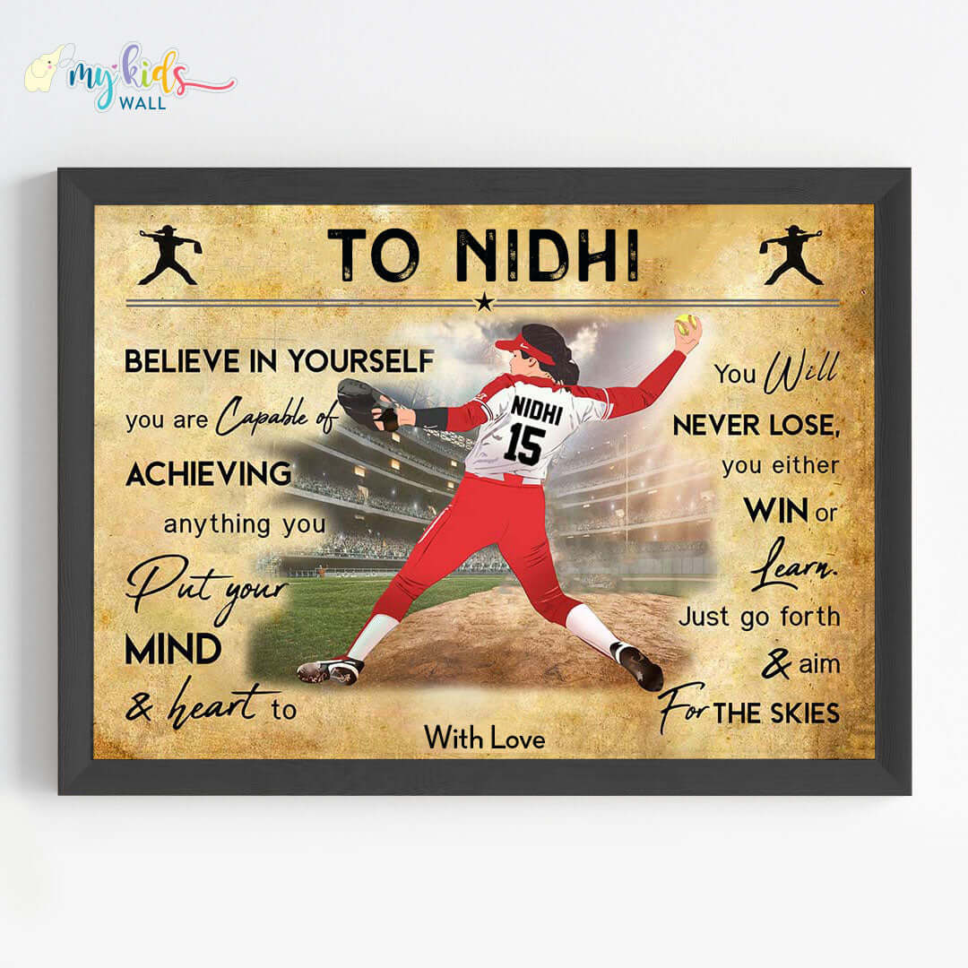 Baseball Player Girl Personalized Motivational Wall Art (Framed) New