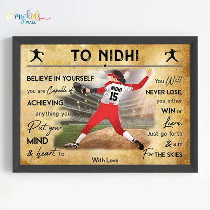 Baseball Player Girl Personalized Motivational Wall Art (Framed) New
