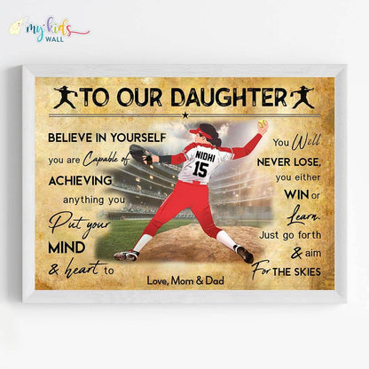 Baseball Player Girl Personalized Motivational Wall Art (Framed) New