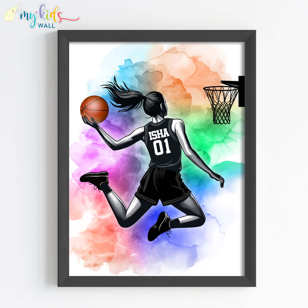 Basketball Girl Player Dunk Watercolor Personalized Wall Art (Framed)