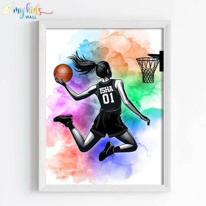 Basketball Girl Player Dunk Watercolor Personalized Wall Art (Framed)