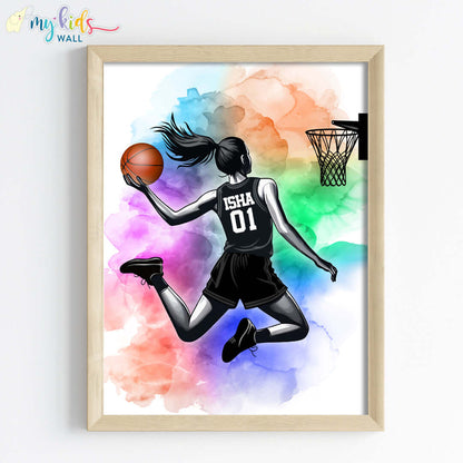 Basketball Girl Player Dunk Watercolor Personalized Wall Art (Framed)