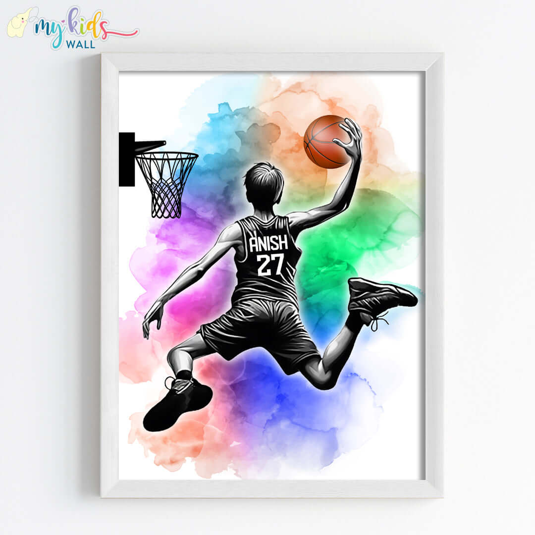 Basketball Player Dunk Watercolor Personalized Wall Art (Framed)