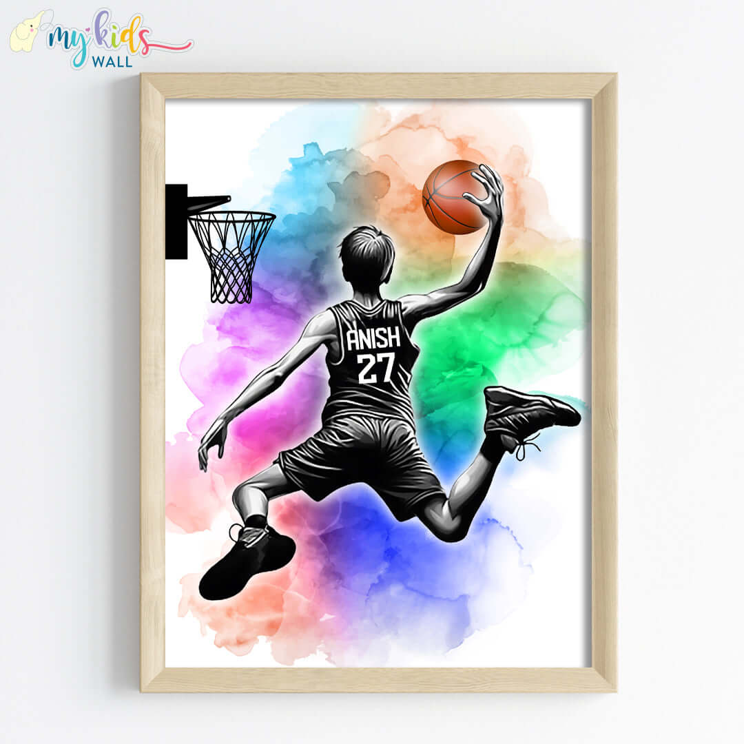 Basketball Player Dunk Watercolor Personalized Wall Art (Framed)