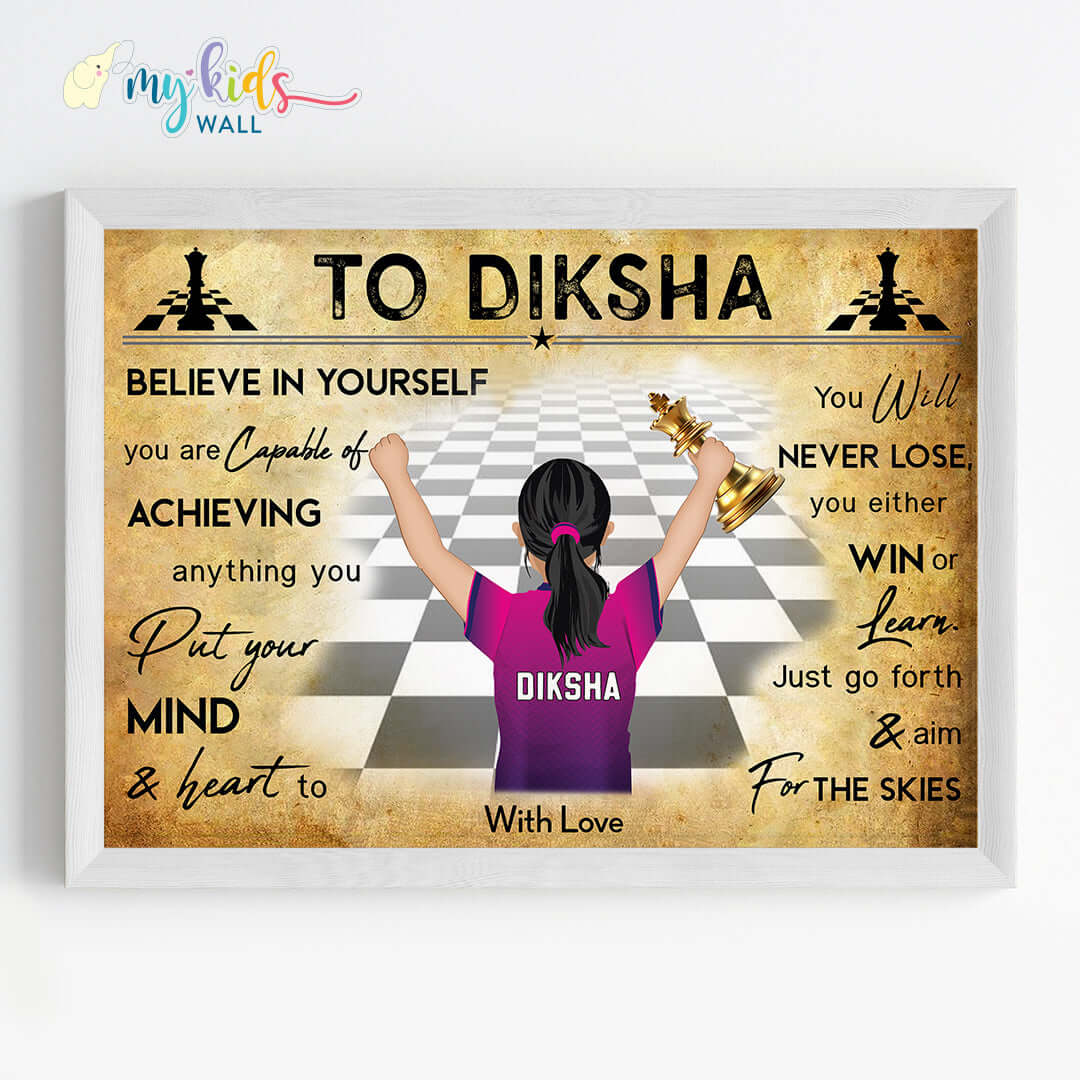 Chess Player Girl Personalized Motivational Wall Art (Framed)