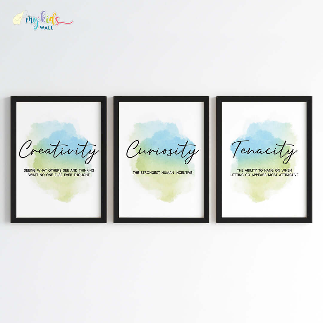 Creativity, Tenacity & Curiosity Motivational Wall Art (Framed Set of 3)