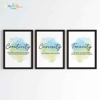 Creativity, Tenacity & Curiosity Motivational Wall Art (Framed Set of 3)