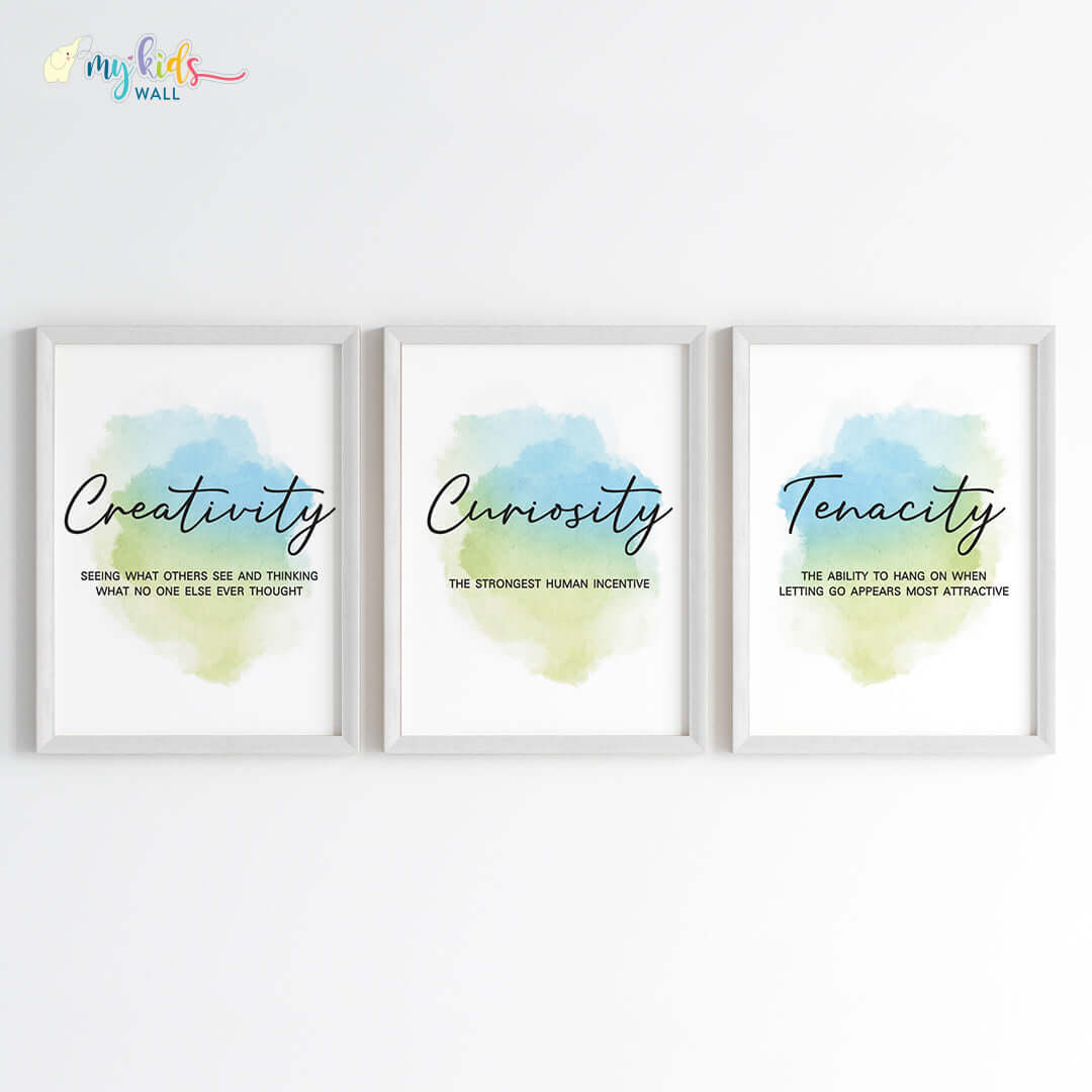 Creativity, Tenacity & Curiosity Motivational Wall Art (Framed Set of 3)