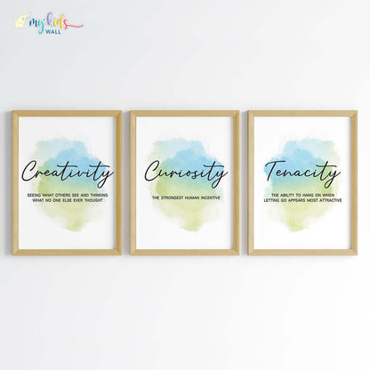 Creativity, Tenacity & Curiosity Motivational Wall Art (Framed Set of 3)
