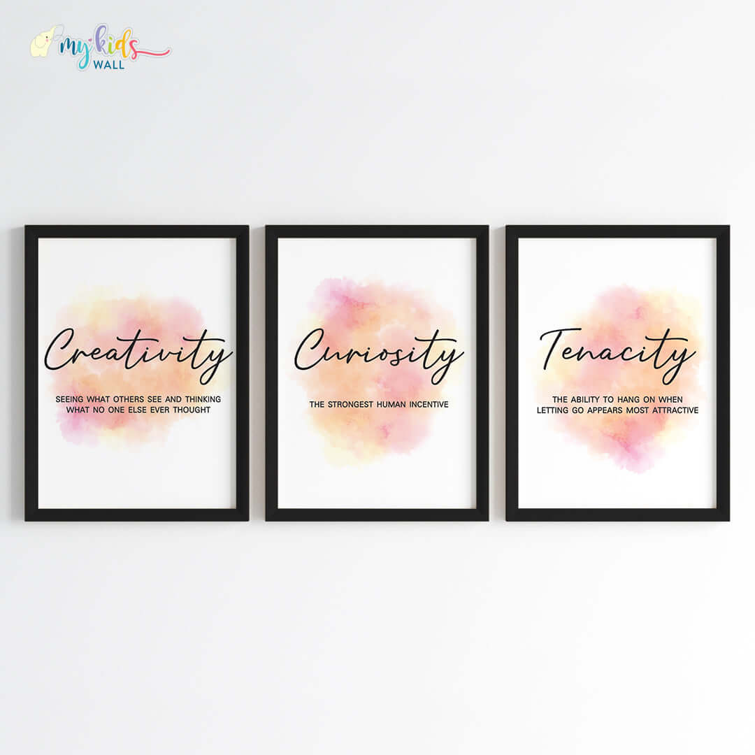 Creativity, Tenacity & Curiosity Motivational Wall Art (Framed Set of 3)