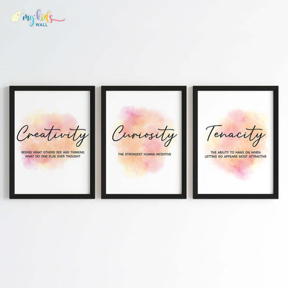 Creativity, Tenacity & Curiosity Motivational Wall Art (Framed Set of 3)