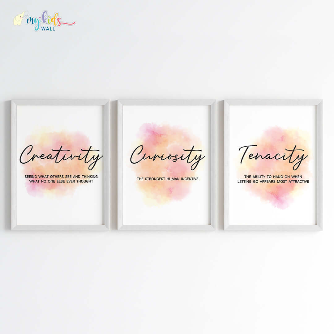 Creativity, Tenacity & Curiosity Motivational Wall Art (Framed Set of 3)