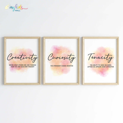 Creativity, Tenacity & Curiosity Motivational Wall Art (Framed Set of 3)