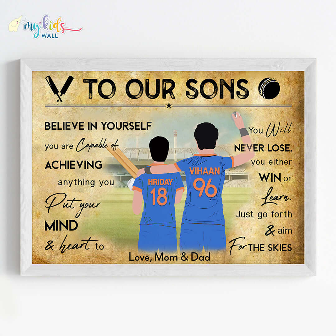 Cricket Batsman & Bowler Brothers Personalized Motivational Wall Art (Framed) New
