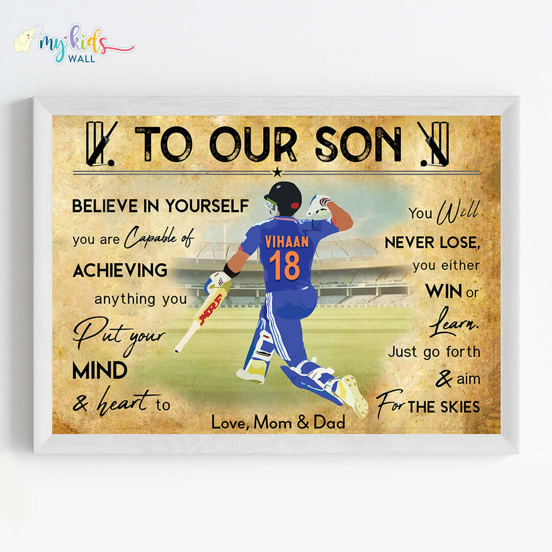 Cricket Batsman Celebrating Personalized Motivational Wall Art (Framed) New