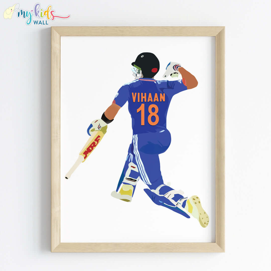 Cricket Batsman Celebrating Personalized Wall Art (Framed) New
