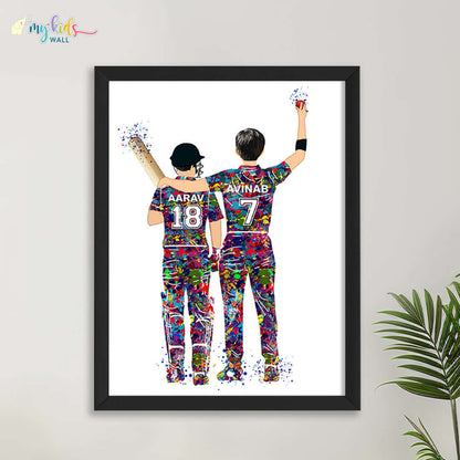 Cricket Brothers Batsman & Bowler Personalized Wall Art (Framed)