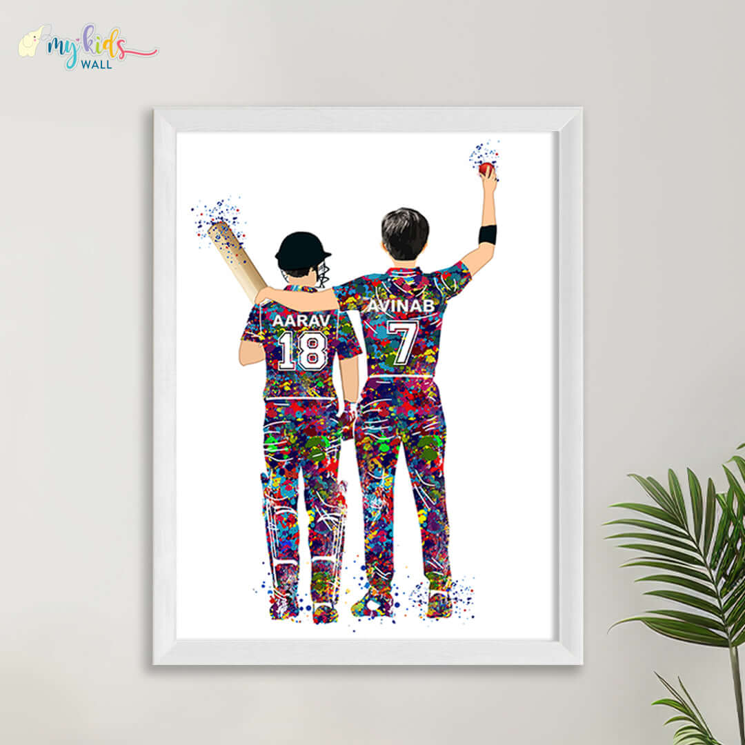 Cricket Brothers Batsman & Bowler Personalized Wall Art (Framed)