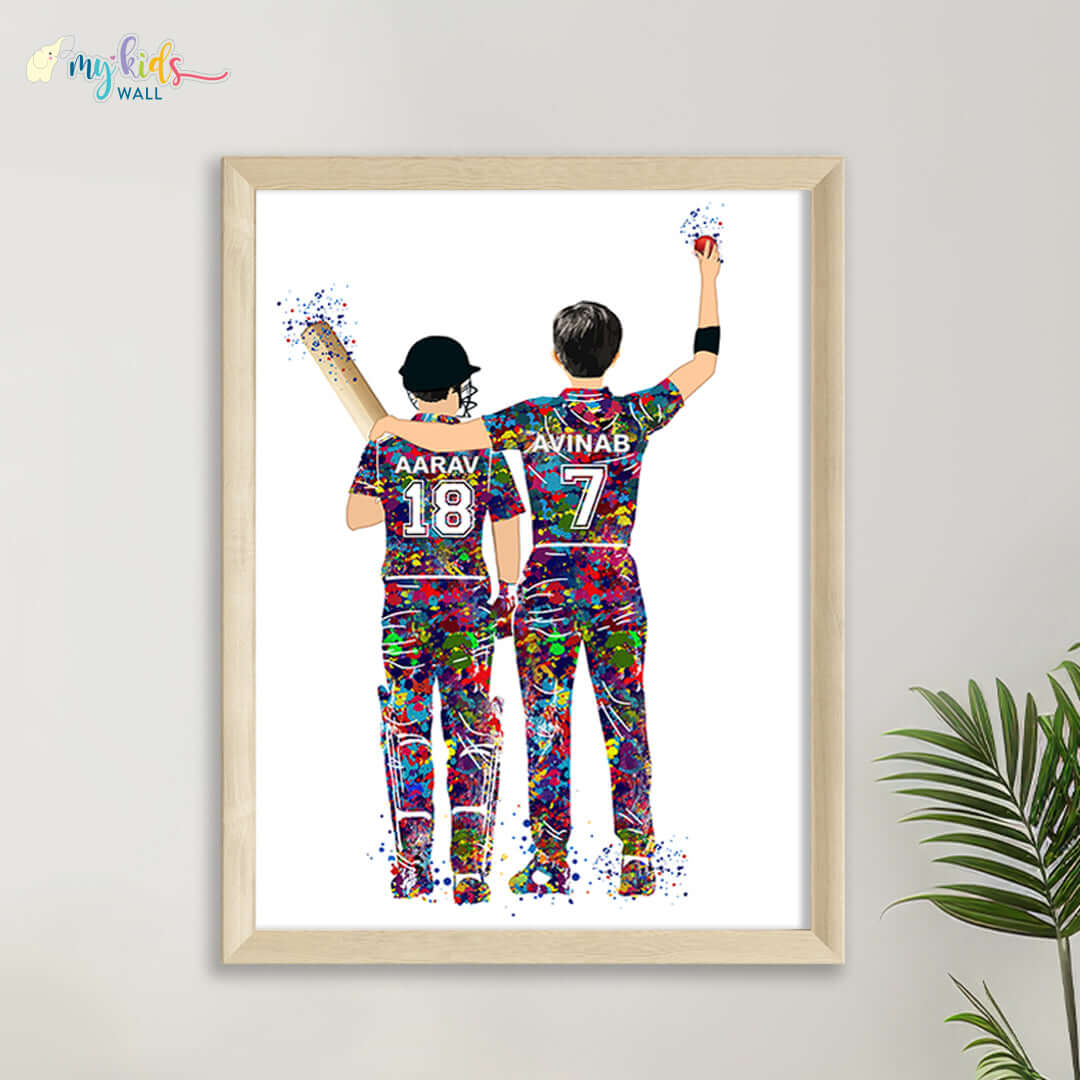 Cricket Brothers Batsman & Bowler Personalized Wall Art (Framed)