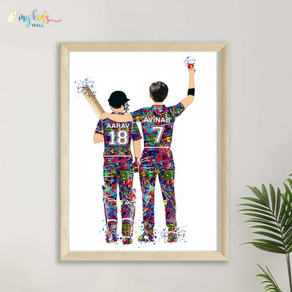 Cricket Brothers Batsman & Bowler Personalized Wall Art (Framed)