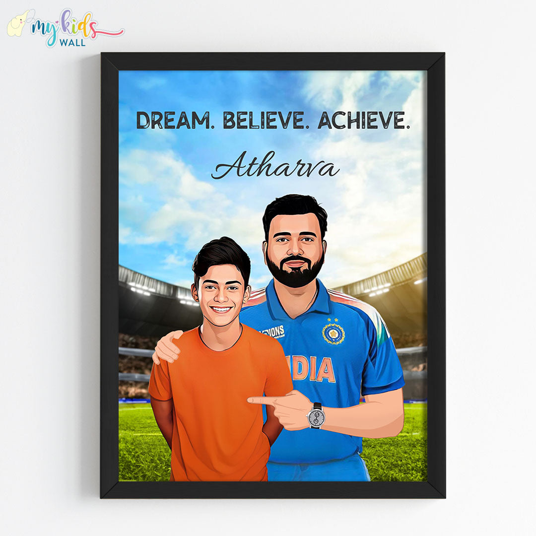 Cricket Champ with Rohit Sharma Personalized Portrait (Framed)
