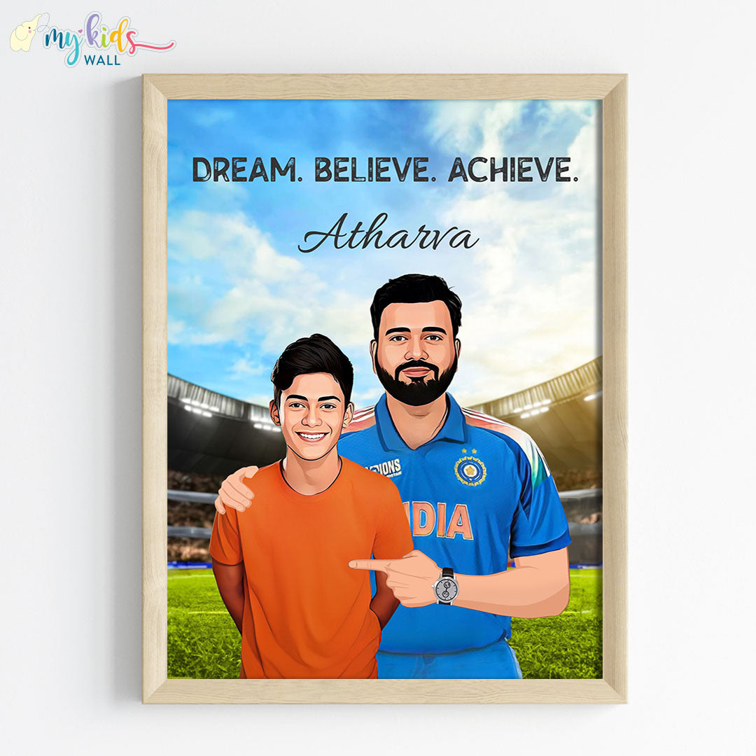 Cricket Champ with Rohit Sharma Personalized Portrait (Framed)